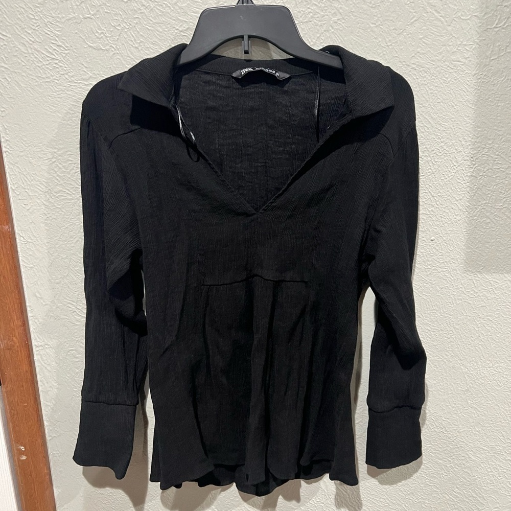 Zara Black Collared V-Neck Long Sleeve Tunic Top Deep VNeck Stretchy Size M EUC